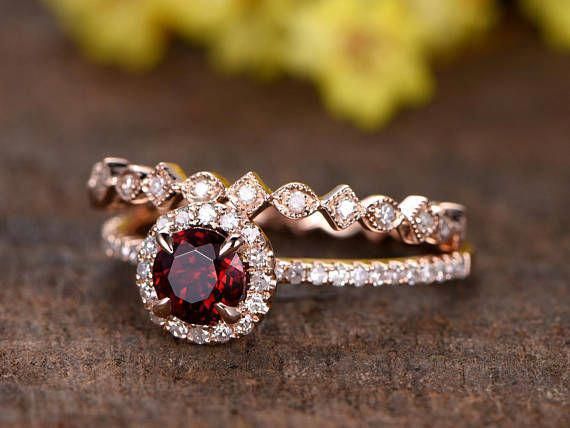 Vintage Garnet Wedding Ring Set